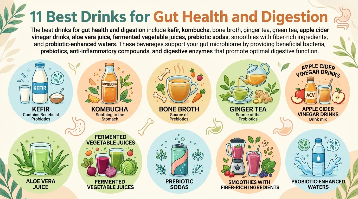 Informational infographic listing 11 gut-health drinks with circular badges for kefir, kombucha, bone broth, ginger tea, apple cider vinegar drinks, aloe vera juice, fermented juices, prebiotic sodas, smoothies, and probiotic waters.