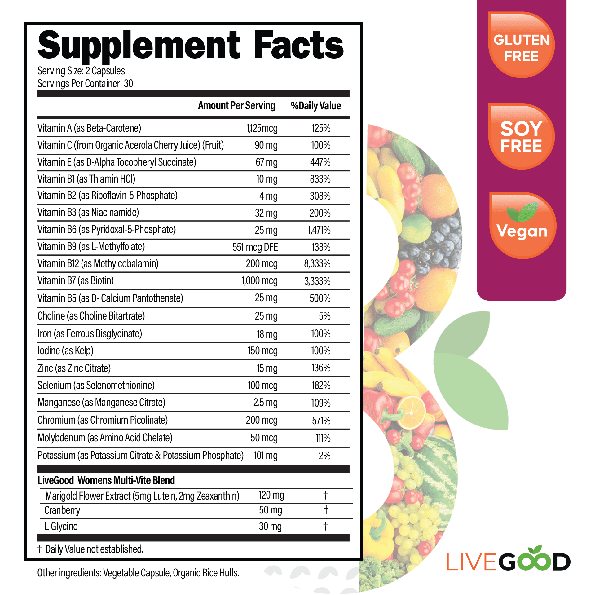 Bio-Active Complete Multi-Vitamin for Women with Iron supplement facts and ingredient image