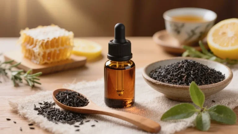 Black seed oil with black cumin seeds, glass bottle, and natural wellness elements in a bright premium flat-lay