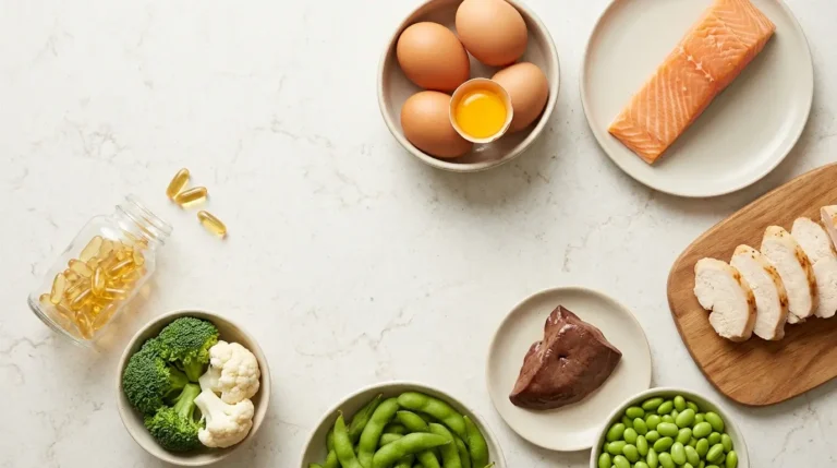 Choline-rich foods with eggs, salmon, chicken, broccoli, cauliflower, and soybeans in a clean wellness flat-lay