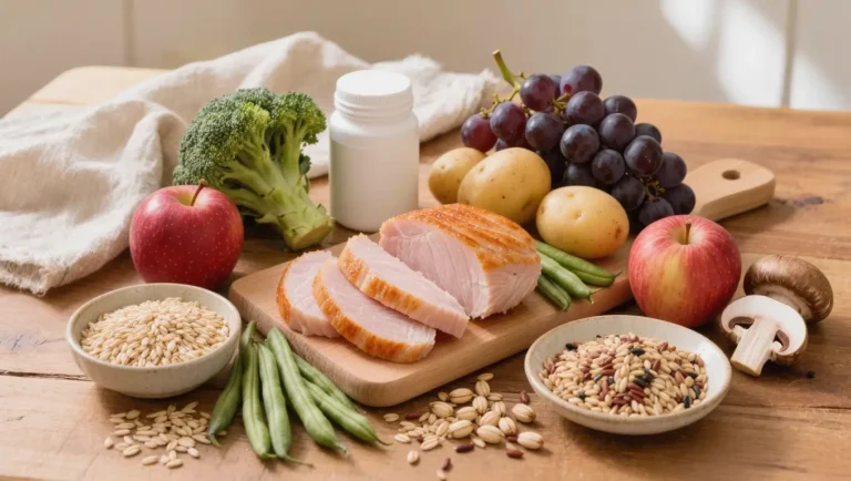 Chromium-rich foods including broccoli, whole grains, green beans, apples, grapes, potatoes, turkey, and mushrooms in a warm wellness flat-lay