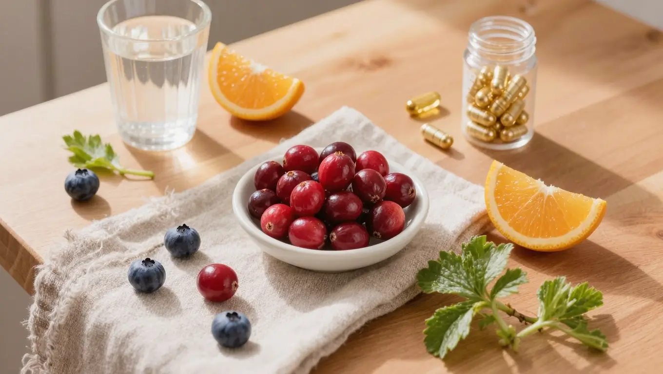 Fresh cranberries with berries, citrus, water, and wellness elements in a bright happy flat-lay