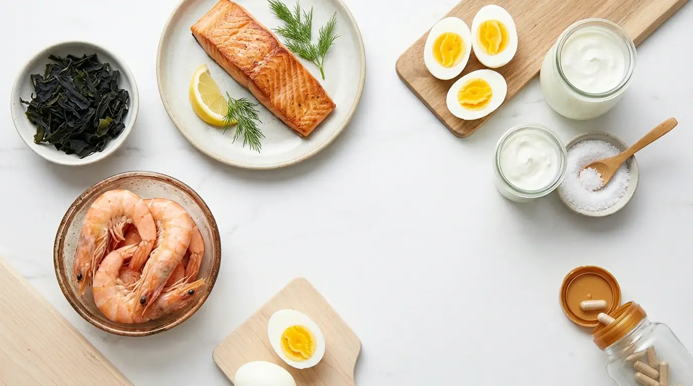 Iodine-rich foods with seaweed, fish, shrimp, eggs, dairy, and iodized salt in a clean wellness flat-lay