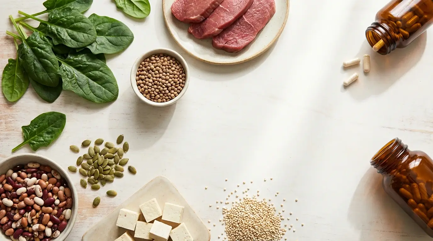 Iron-rich foods with spinach, lentils, red meat, pumpkin seeds, beans, tofu, and quinoa in a clean wellness flat-lay