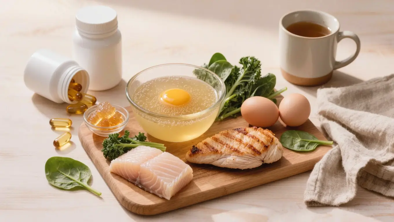L-glycine wellness image with bone broth, eggs, fish, chicken, leafy greens, and supplement elements in a calm premium flat-lay