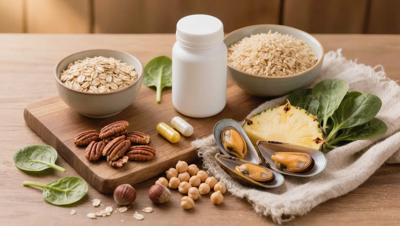 Manganese-rich foods including oats, brown rice, pecans, hazelnuts, chickpeas, spinach, mussels, and pineapple in a warm wellness flat-lay