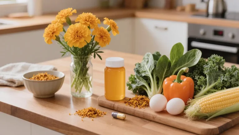 Marigold flowers with spinach, kale, corn, egg yolks, and orange bell pepper in a warm wellness flat-lay representing lutein and zeaxanthin