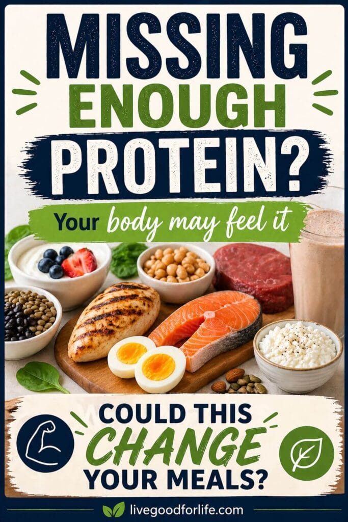 High-protein foods including chicken, salmon, eggs, cottage cheese, yogurt, beans, and nuts with the message “Missing Enough Protein?” for a simple protein nutrition guide.