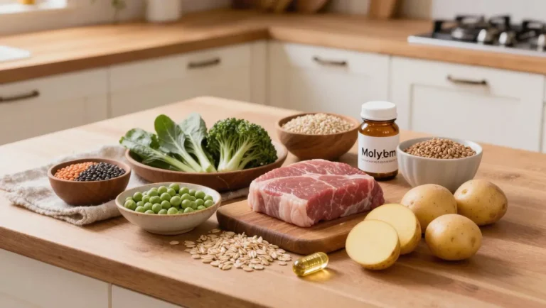 Molybdenum-rich foods including lentils, black beans, peas, oats, whole grains, leafy greens, potatoes, and organ meats in a warm wellness flat-lay