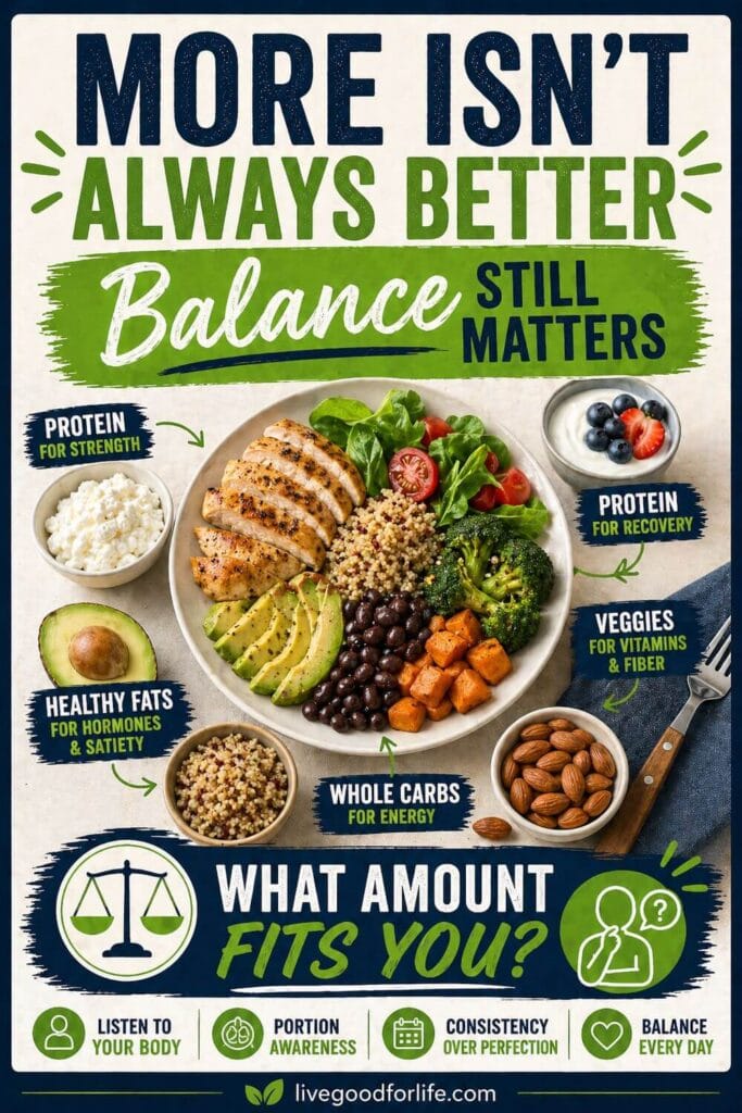 Balanced meal bowl with protein, vegetables, healthy fats, and whole carbohydrates with the message “More isn’t always better. Balance still matters.”