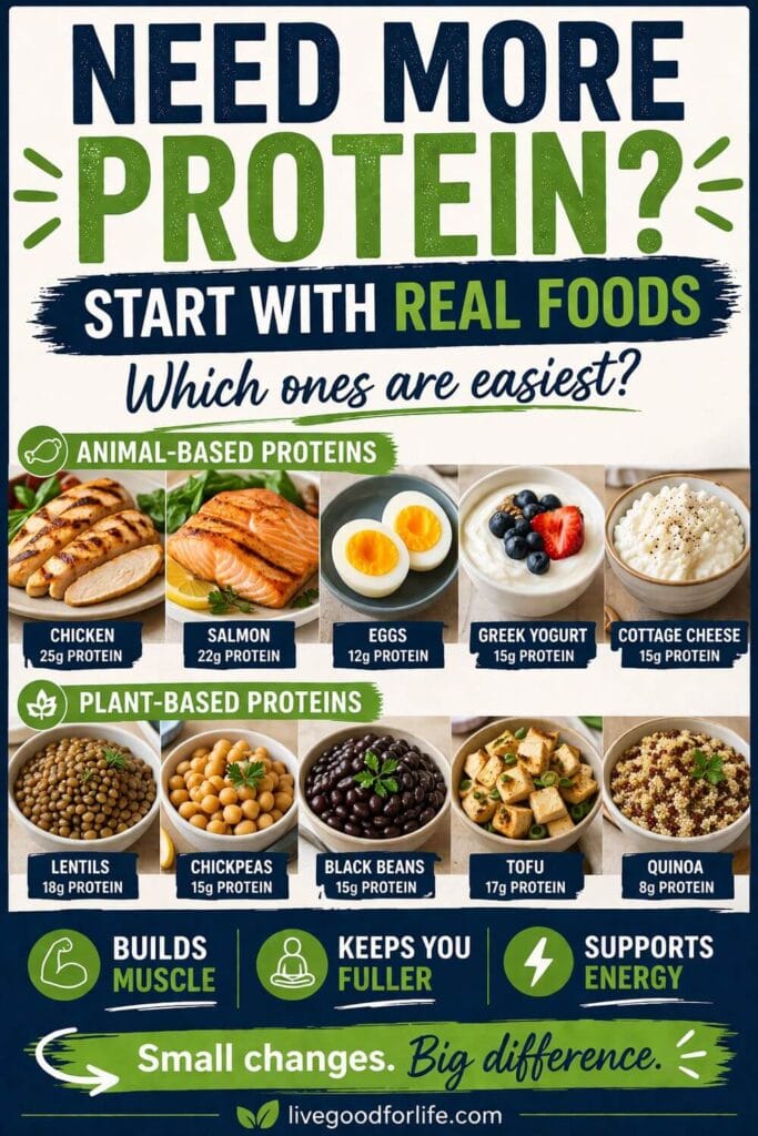High-protein foods including chicken, salmon, eggs, cottage cheese, yogurt, beans, and nuts with the message “Missing Enough Protein?” for a simple protein nutrition guide.