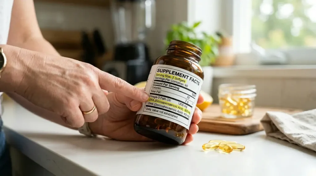 Close-up of supplement facts showing EPA and DHA values