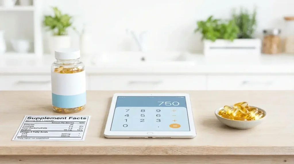Fish oil supplement bottle beside omega-3 label and calculator