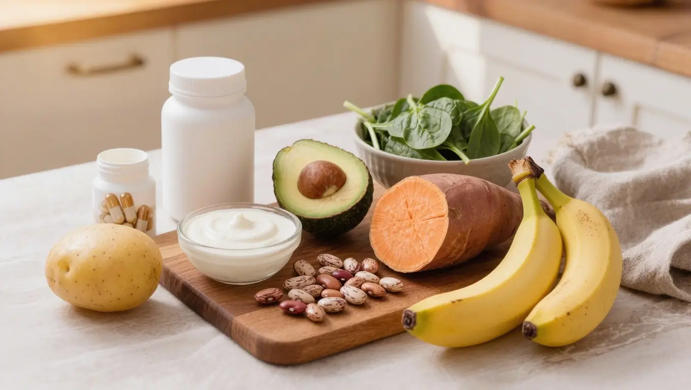 Potassium-rich foods including potatoes, bananas, avocado, spinach, sweet potatoes, beans, yogurt, and oranges in a warm wellness flat-lay