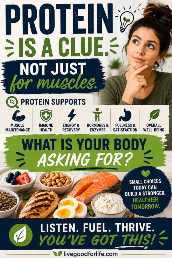 Protein-rich foods with the message “Protein is a clue, not just for muscles,” explaining protein’s role in fullness, recovery, immune support, and daily nutrition.