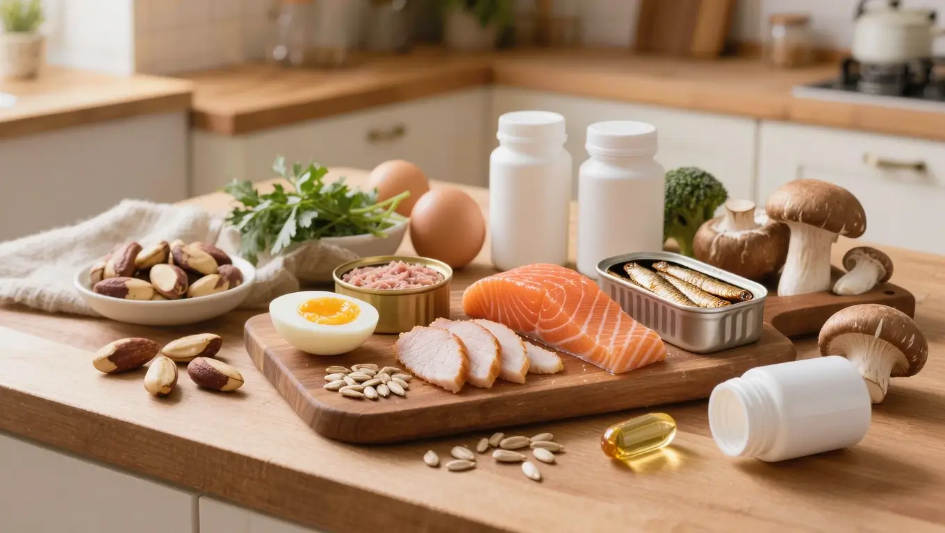 Selenium-rich foods including brazil nuts, eggs, tuna, salmon, sardines, turkey, sunflower seeds, and mushrooms in a warm wellness flat-lay