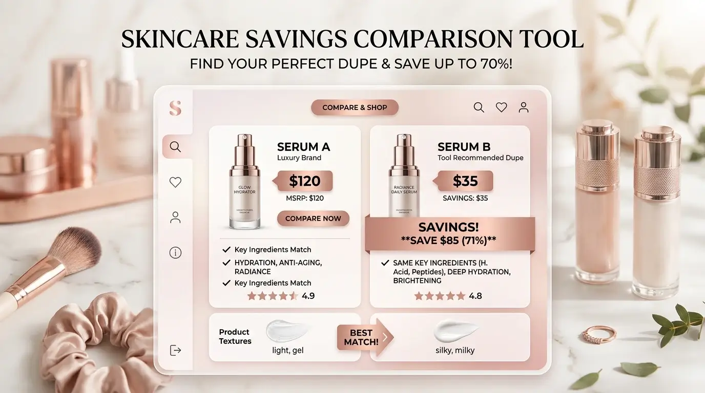 Promo image of a skincare savings comparison tool on a tablet showing Serum A and Serum B with prices and a 'Compare & Shop' button, surrounded by cosmetics on a marble surface.