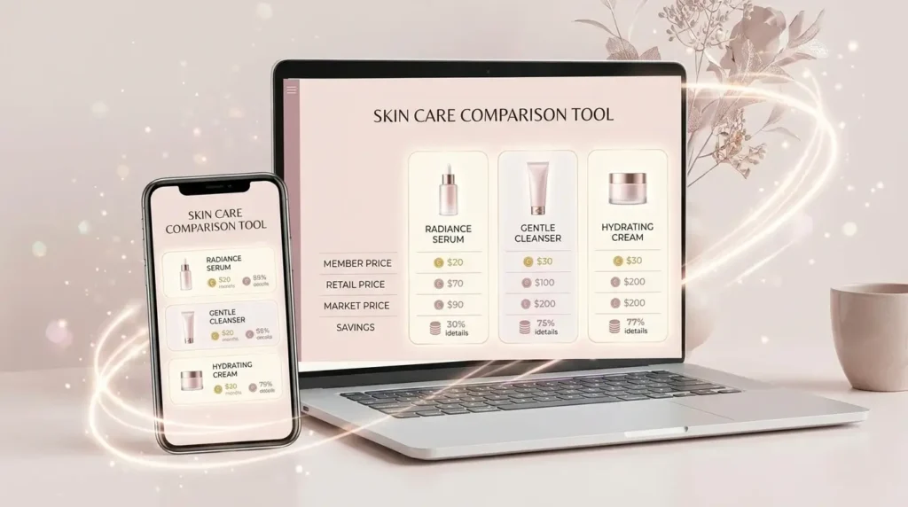 Skin care comparison tool shown on laptop and phone, with Radiance Serum, Gentle Cleanser, and Hydrating Cream options