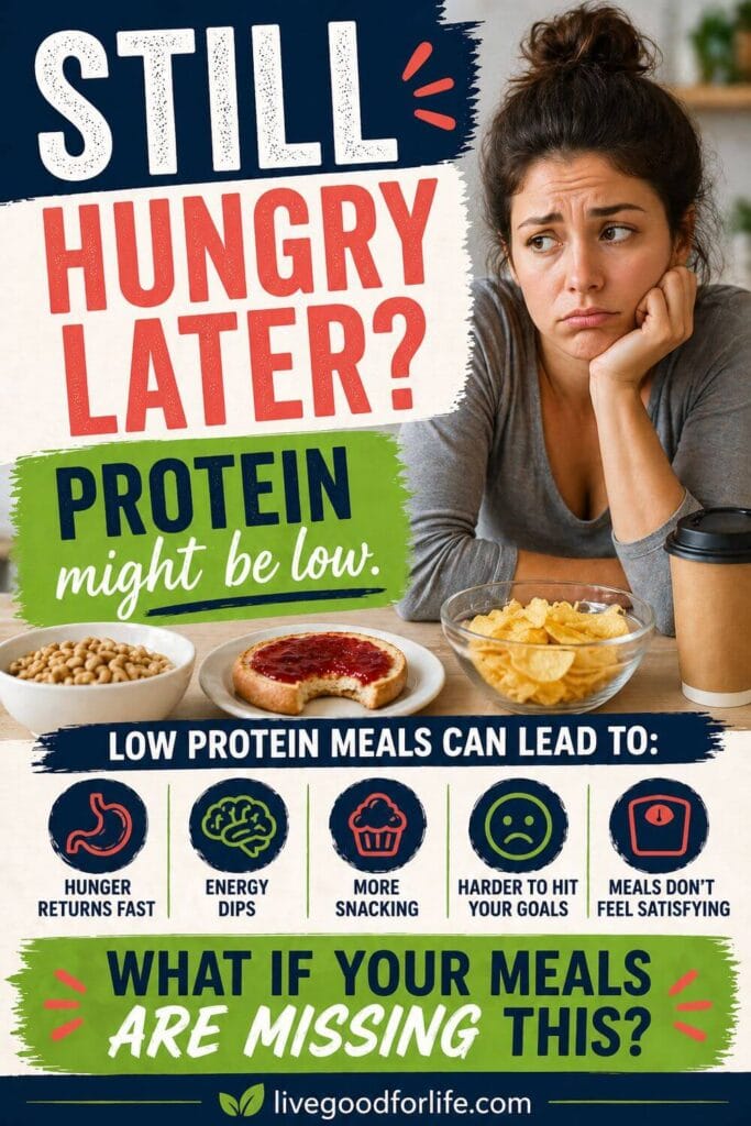 A tired woman with low-protein snack foods and the message “Still Hungry Later? Protein might be low,” highlighting why protein matters for satisfying meals.