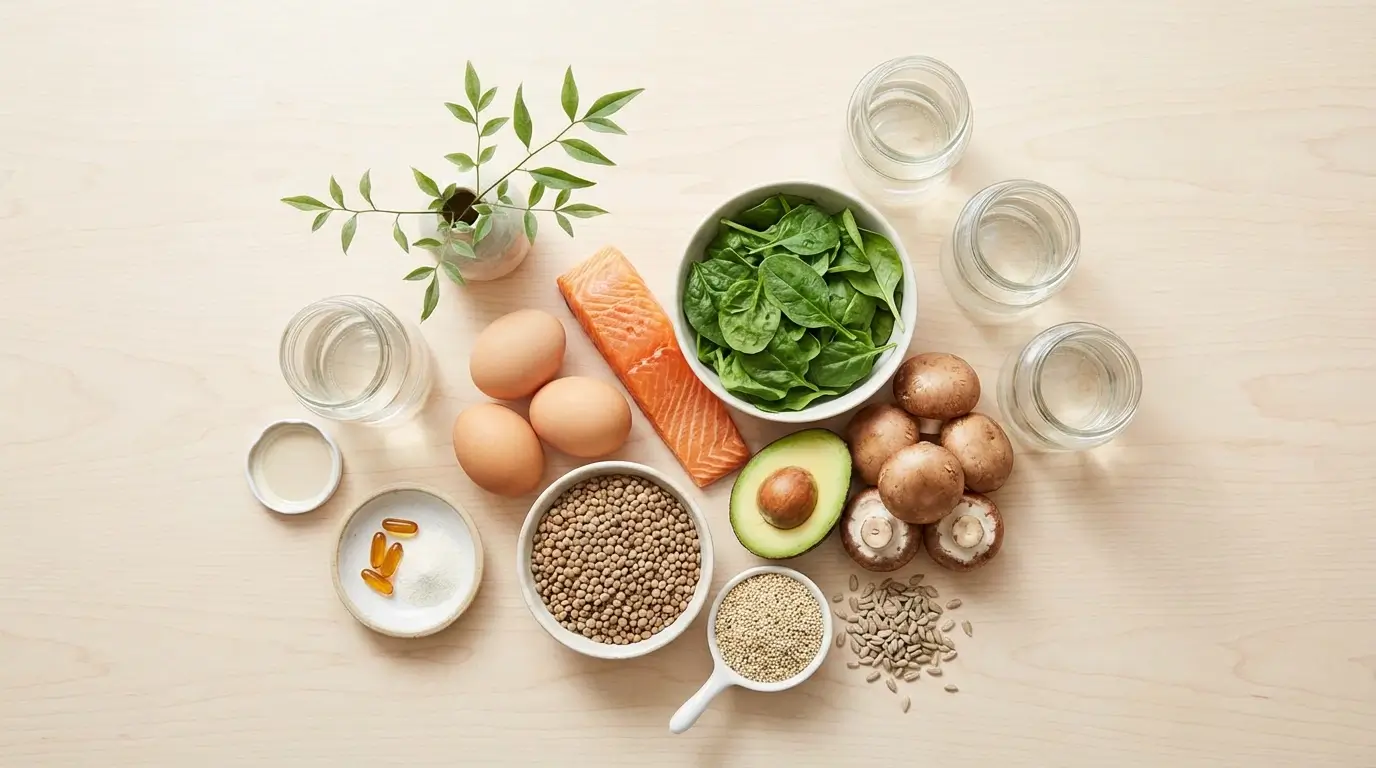 B vitamin rich foods with eggs, salmon, leafy greens, avocado, mushrooms, legumes, and whole grains in a clean wellness flat-lay