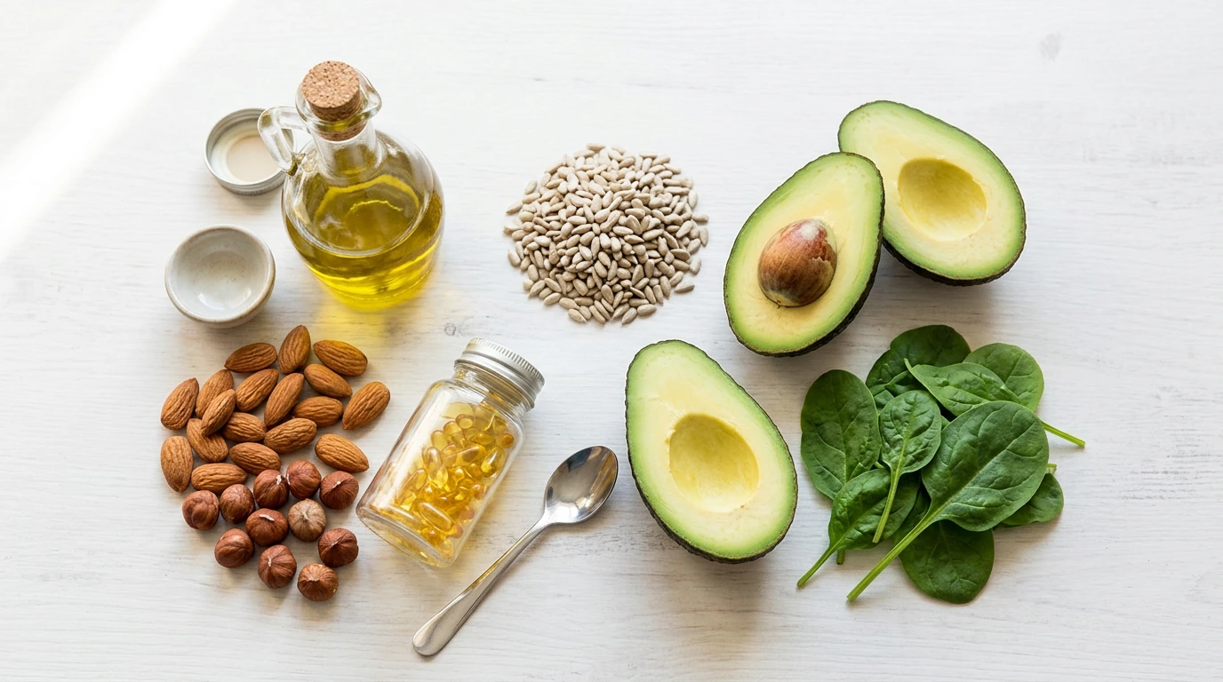 Vitamin E-rich foods including almonds, sunflower seeds, avocado, spinach, olive oil, and hazelnuts arranged in a clean wellness flat-lay
