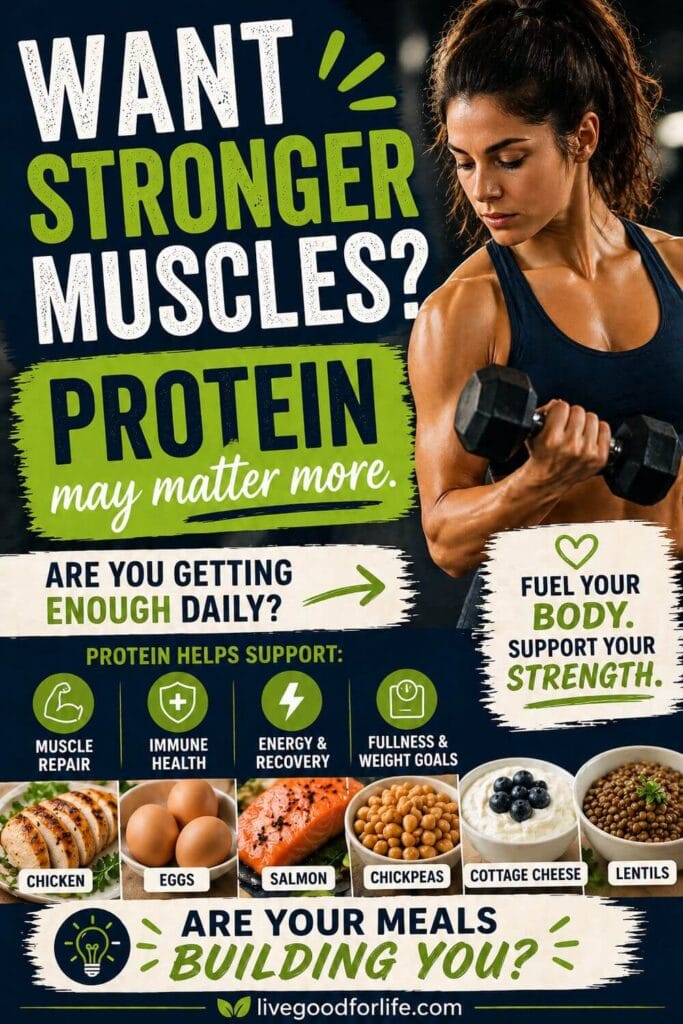 Woman lifting weights with protein-rich foods and the message “Want Stronger Muscles? Protein may matter more,” showing protein’s role in strength and recovery.