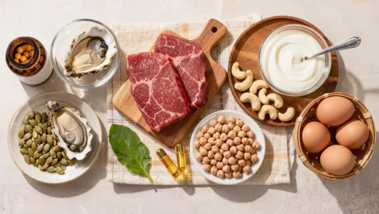 Zinc-rich foods with pumpkin seeds, oysters, beef, chickpeas, cashews, yogurt, and eggs in a clean wellness flat-lay