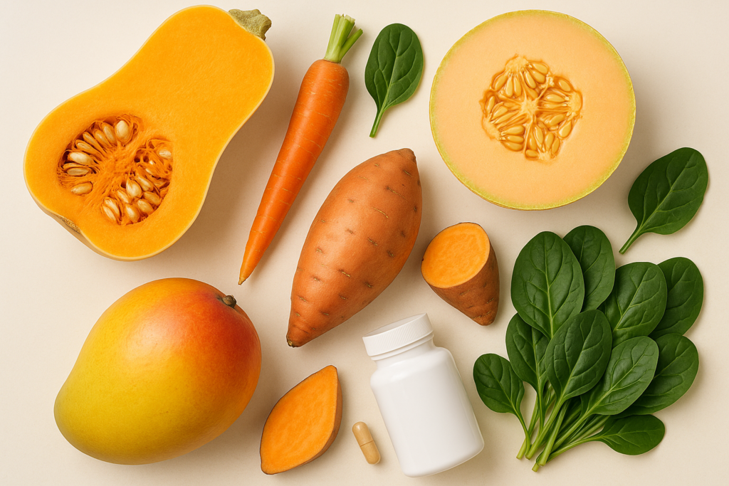 Educational Vitamin A as Beta-Carotene ingredient image with orange vegetables and wellness supplement styling