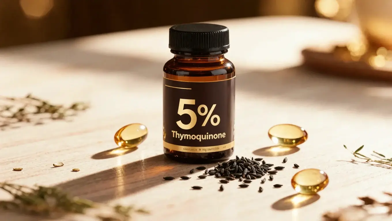 Black seed oil supplement bottle with black cumin seeds highlighting 5% Thymoquinone