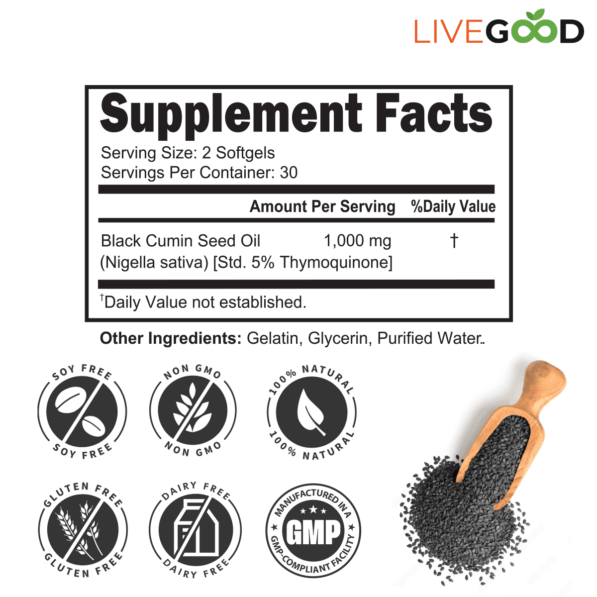 Supplement facts for Premium Black Seed Oil showing 1000 mg black cumin seed oil standardized to 5% Thymoquinone