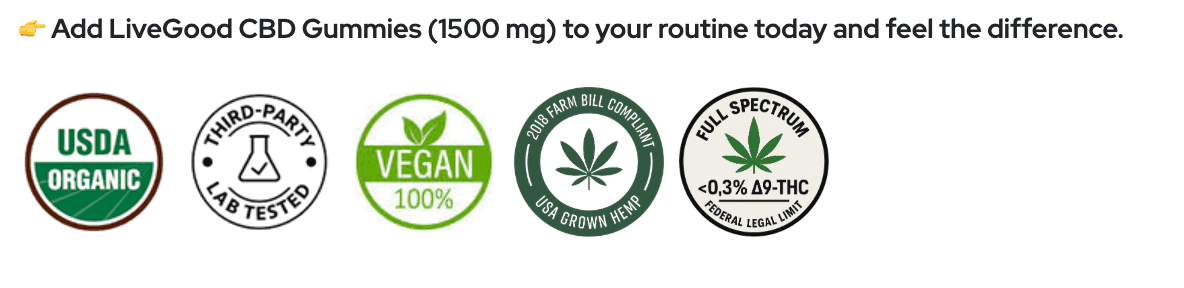 LiveGood CBD Gummies quality and dietary attribute badges