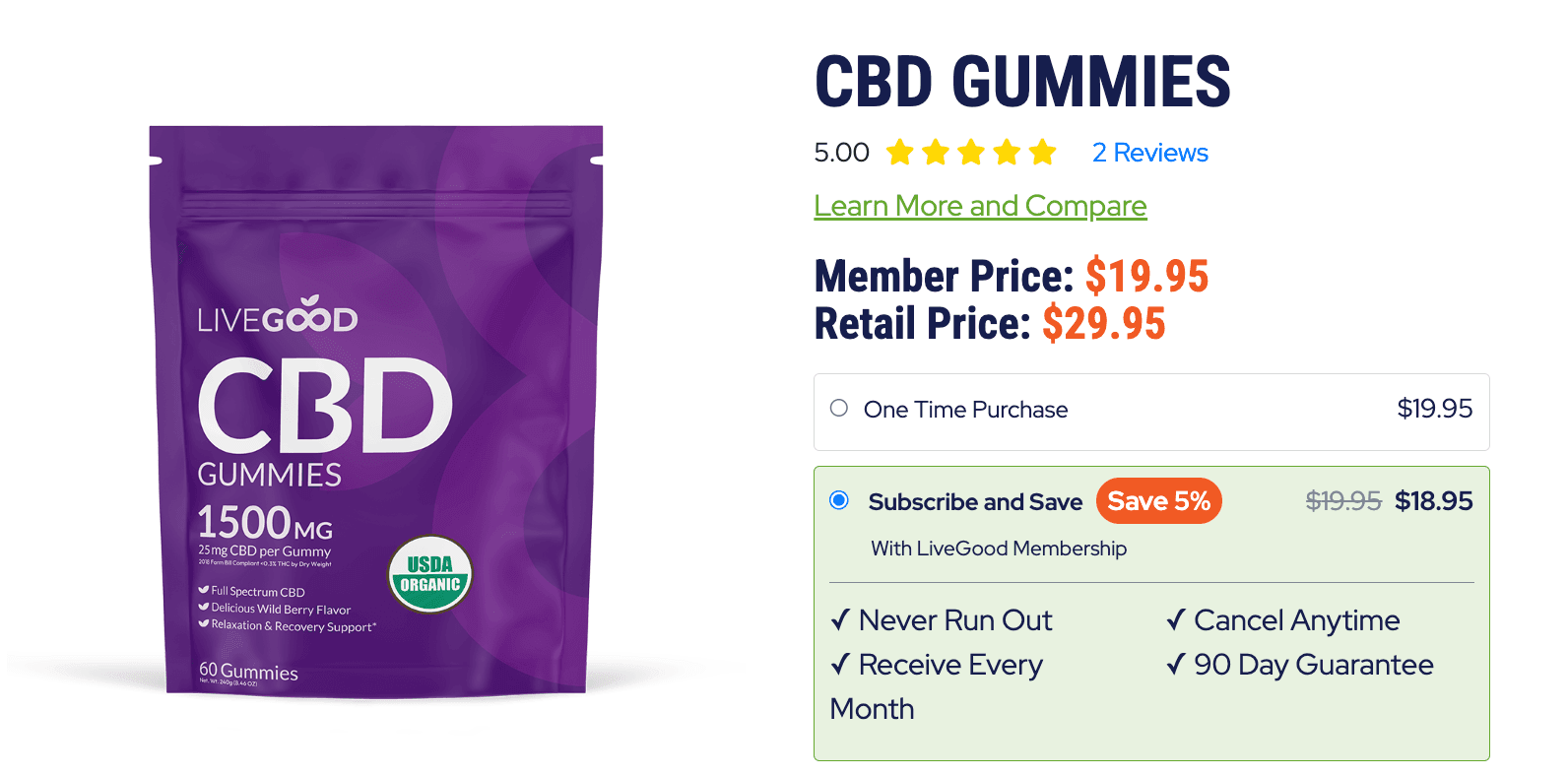LiveGood CBD Gummies pricing and subscription options