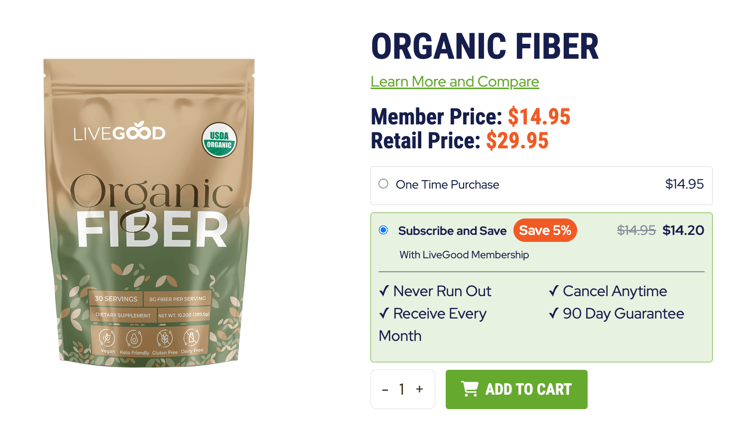 LiveGood Organic Fiber member price retail price subscribe and save and guarantee details