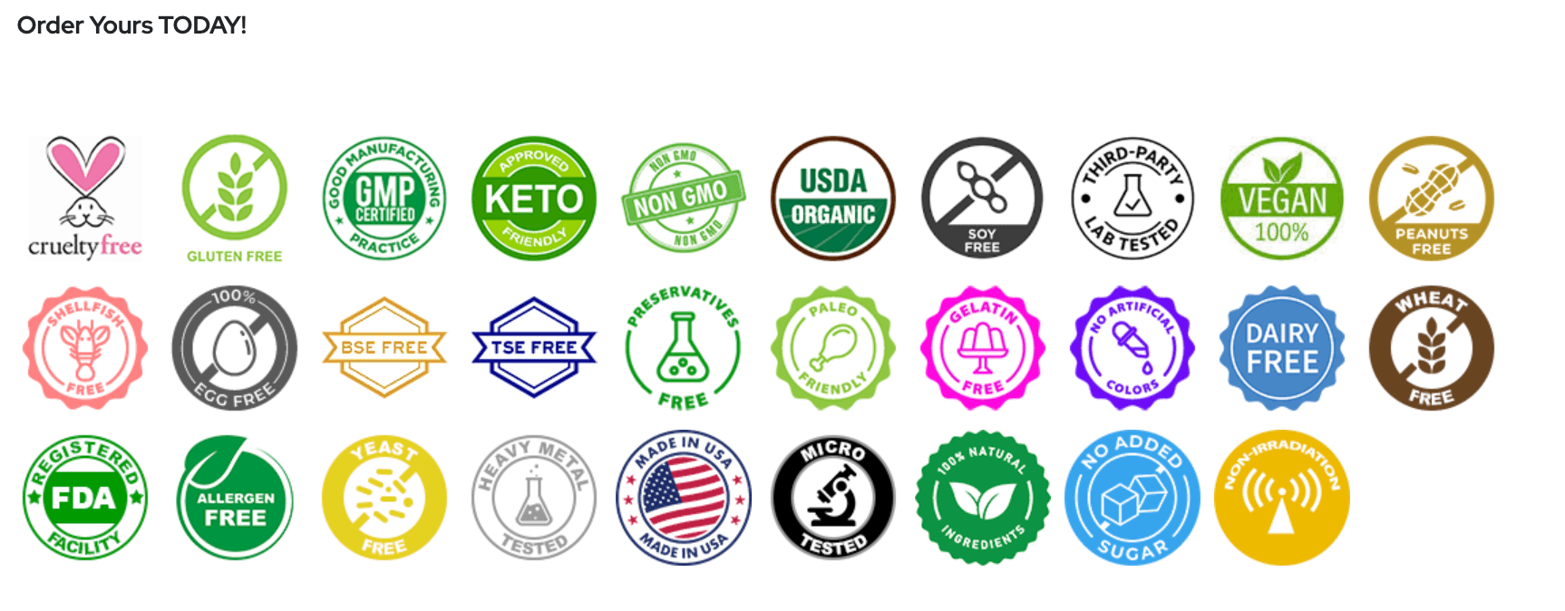 LiveGood Organic Fiber attribute icons including USDA Organic vegan gluten free dairy free soy free non GMO third party tested and FDA registered facility