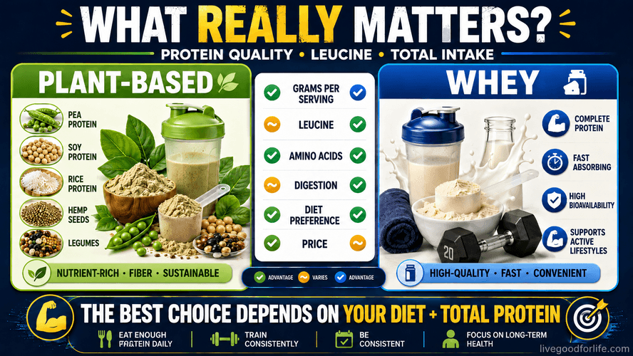 Protein quality leucine and total intake comparison for plant protein and whey