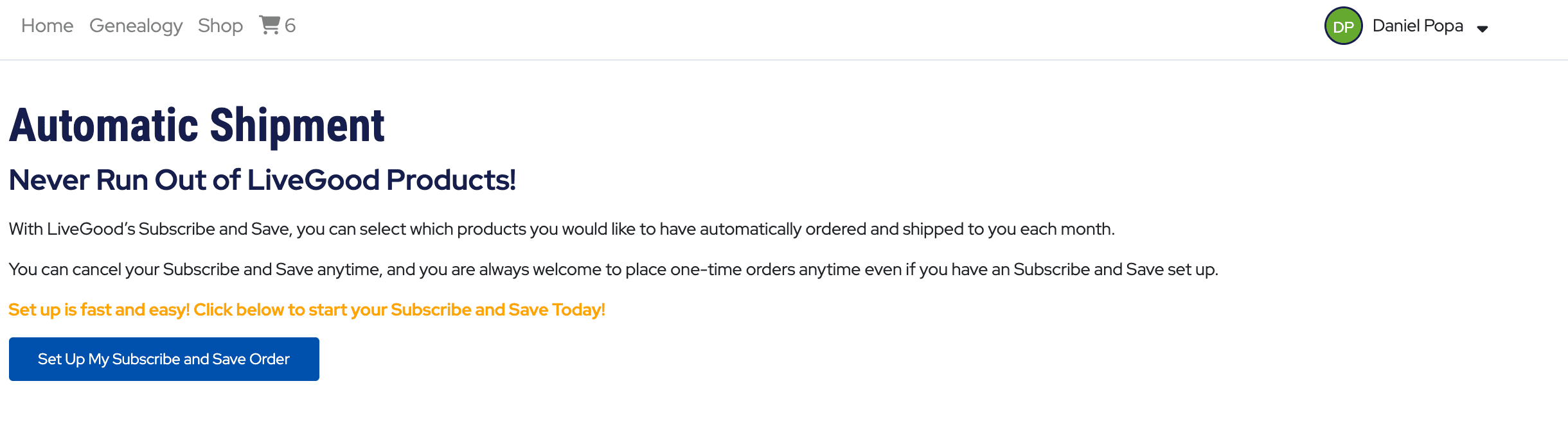 LiveGood account page for setting up Subscribe and Save automatic shipments