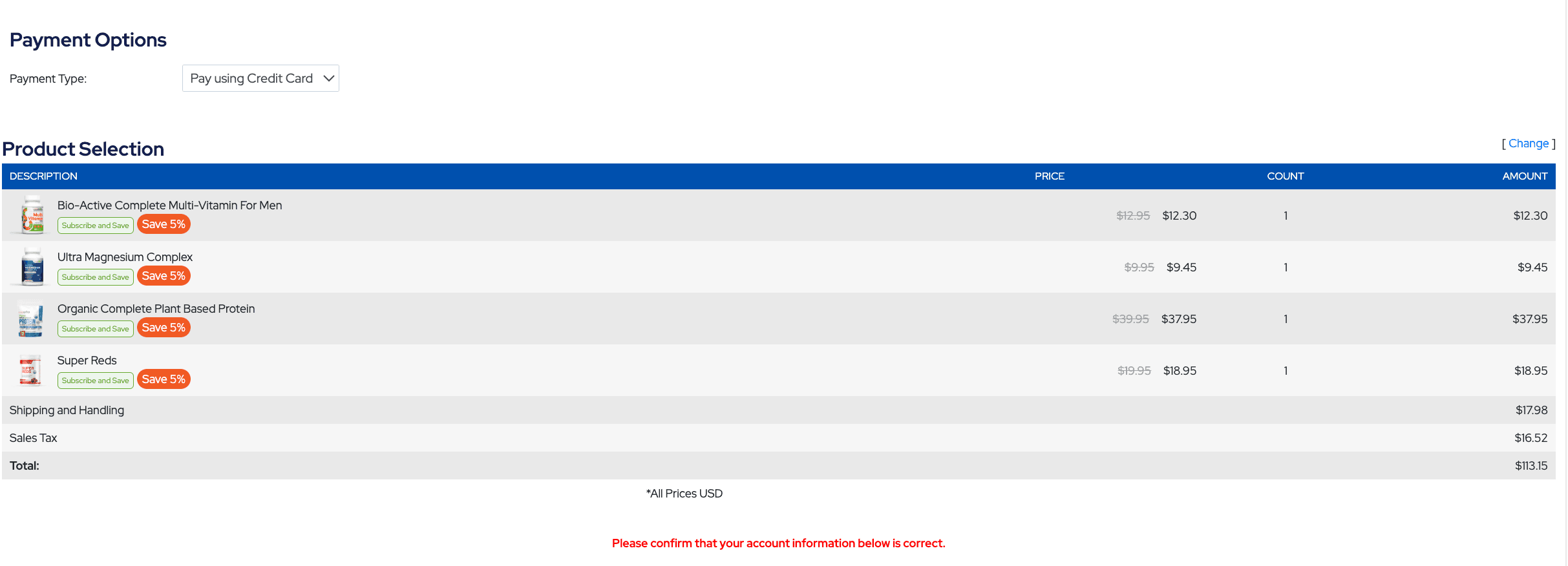 LiveGood Subscribe and Save payment page showing products shipping tax and total