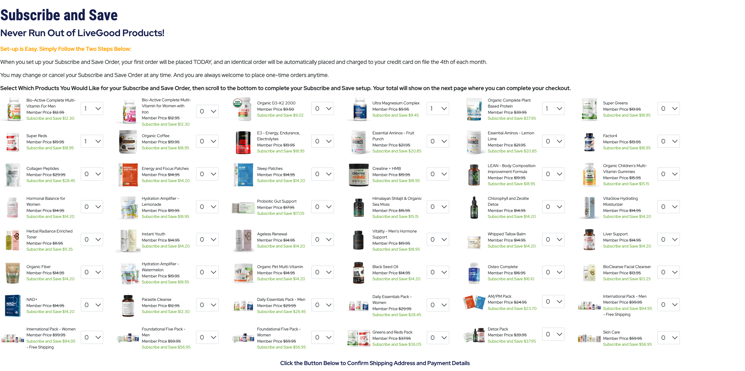LiveGood Subscribe and Save product and quantity selection page