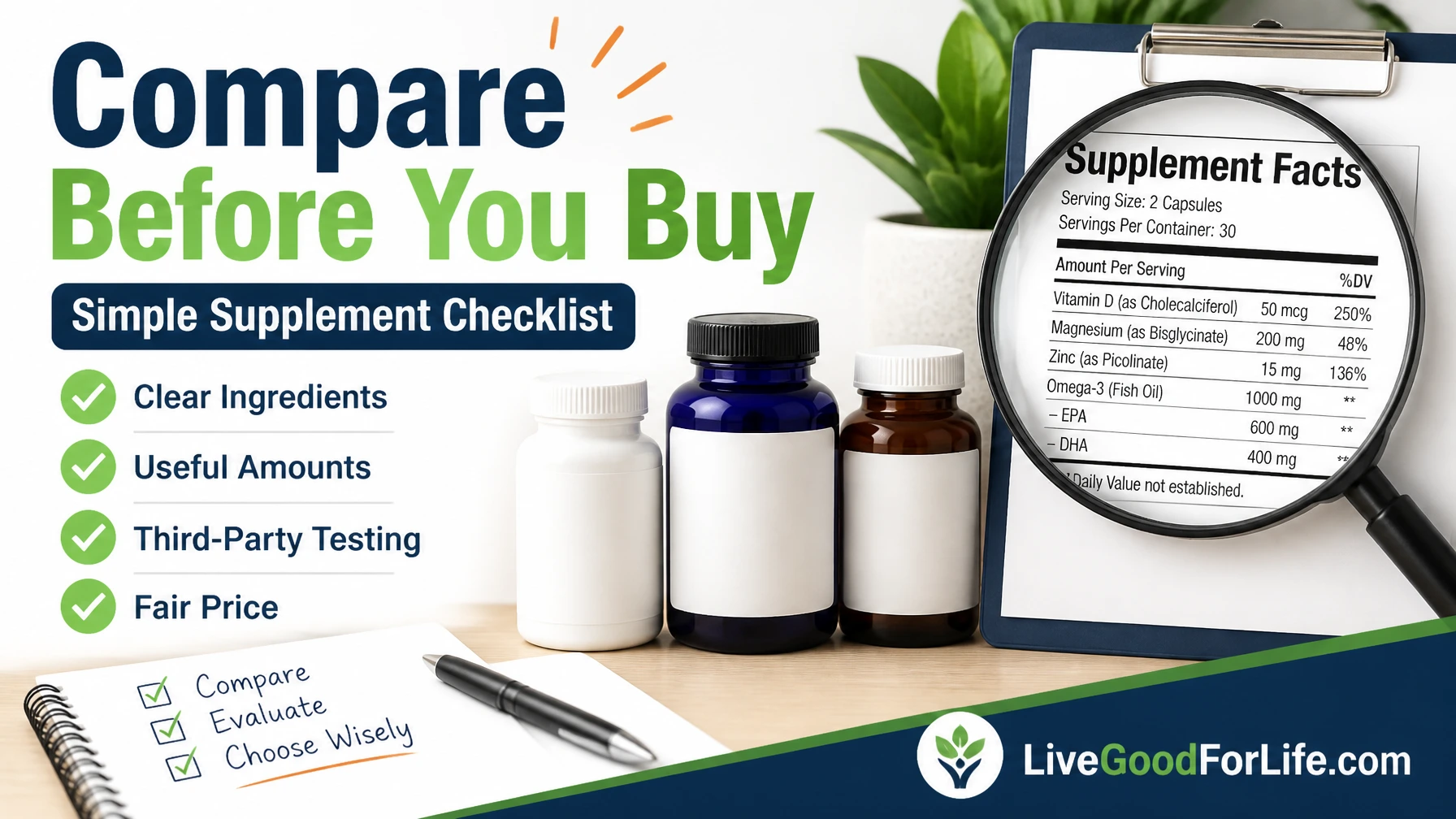 Supplement comparison checklist with ingredients testing and price