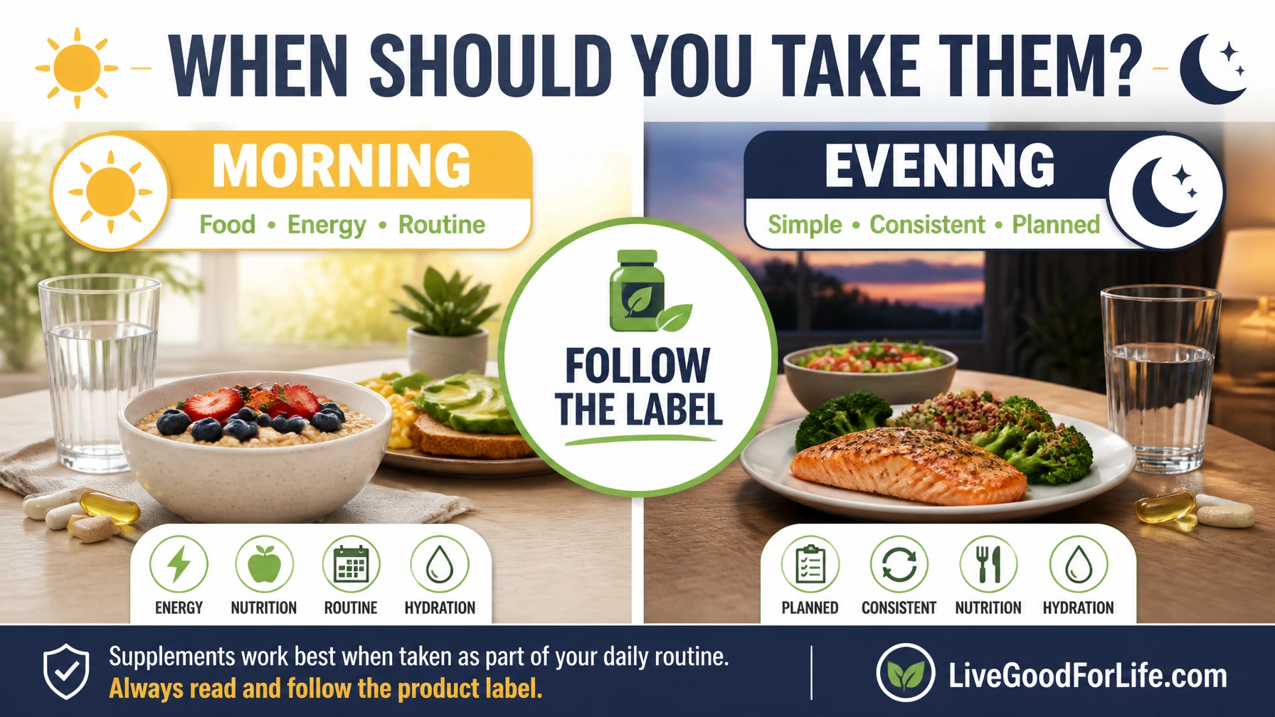 LiveGood supplement timing for morning and evening routines