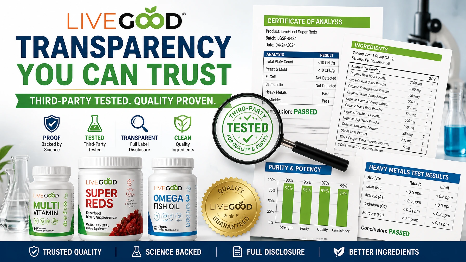 Supplement bottles with third-party testing reports and ingredient transparency documents