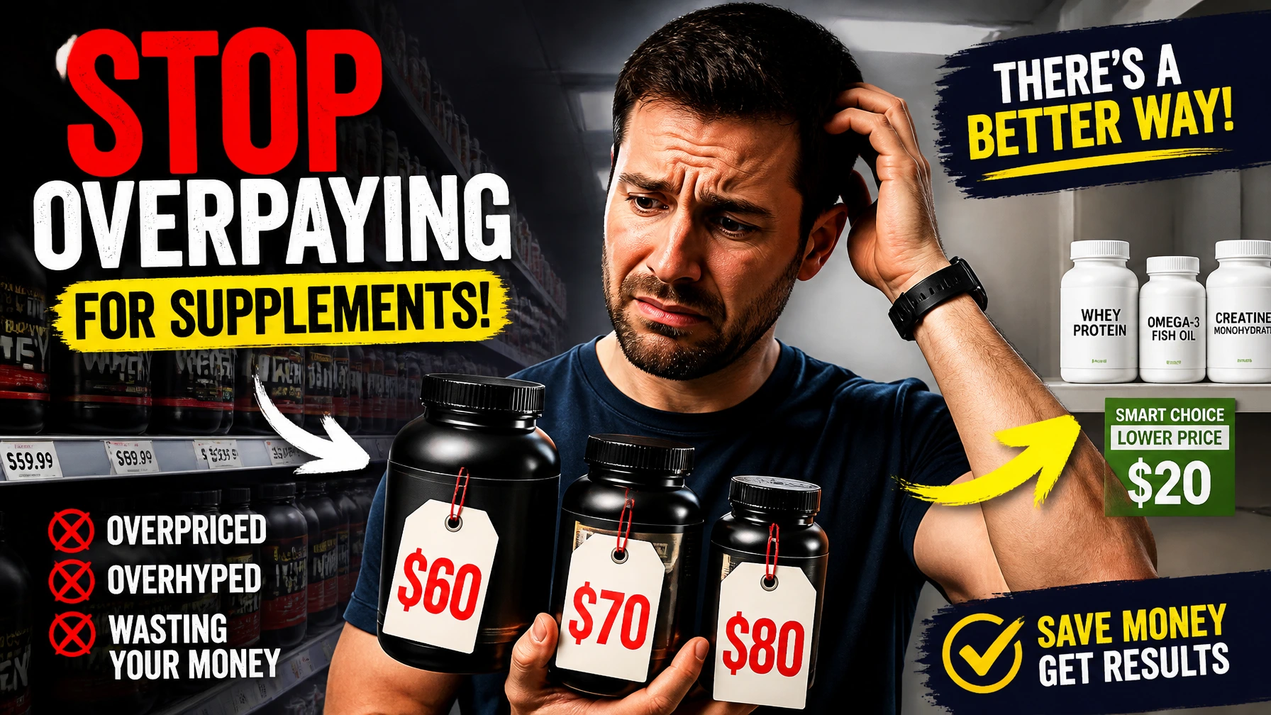Frustrated shopper comparing expensive supplement prices before switching to LiveGood