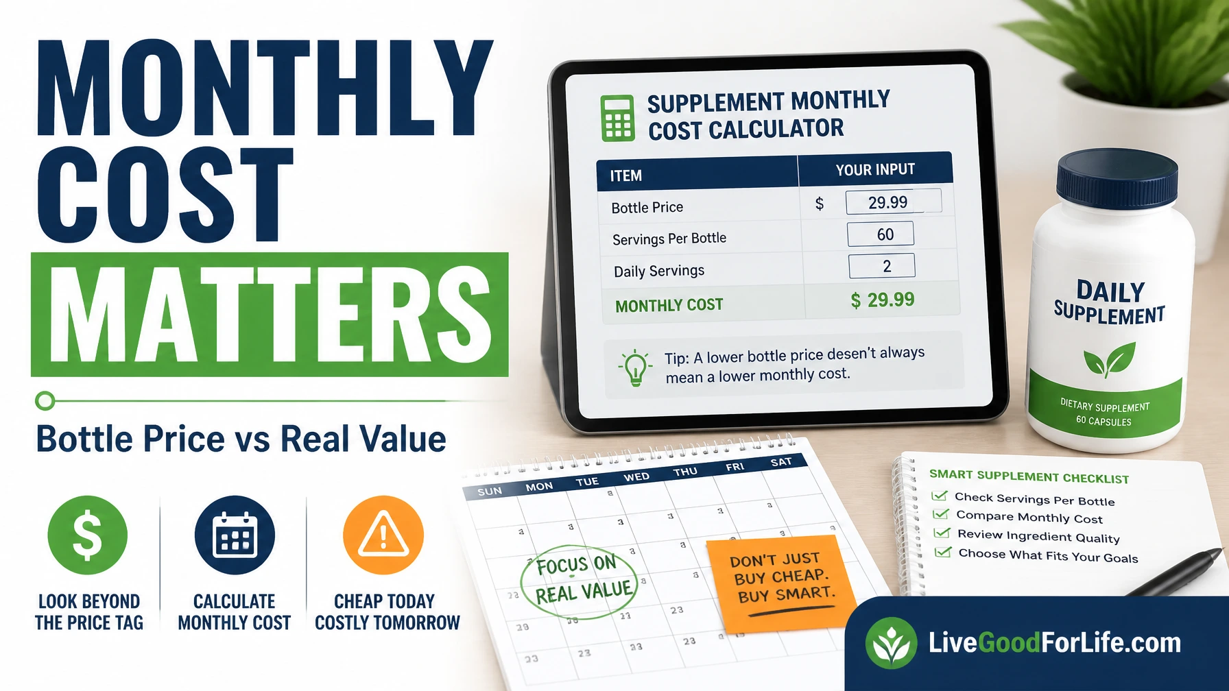 Supplement monthly cost calculator for servings and price