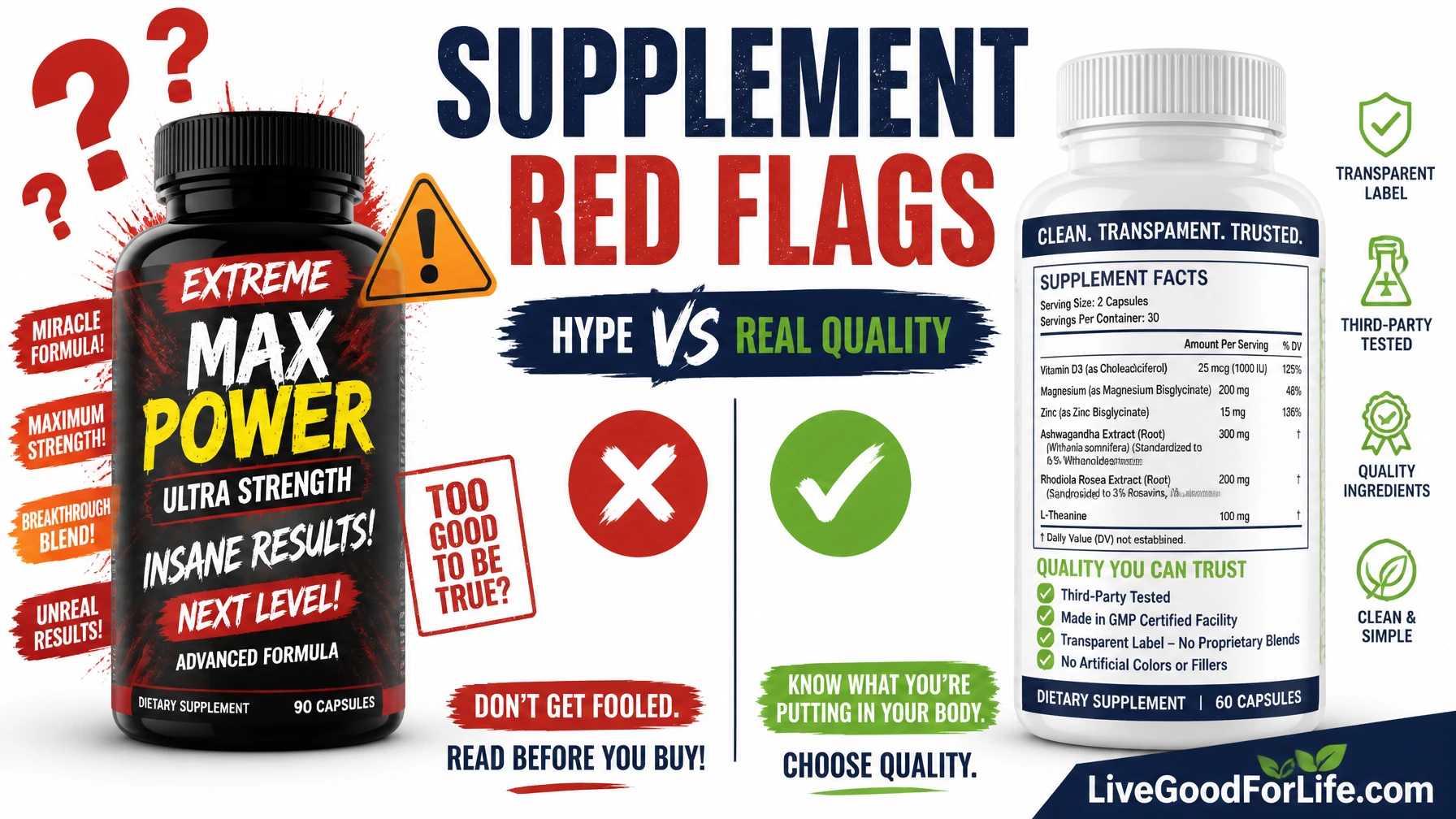 Supplement red flags showing hype versus real ingredient quality