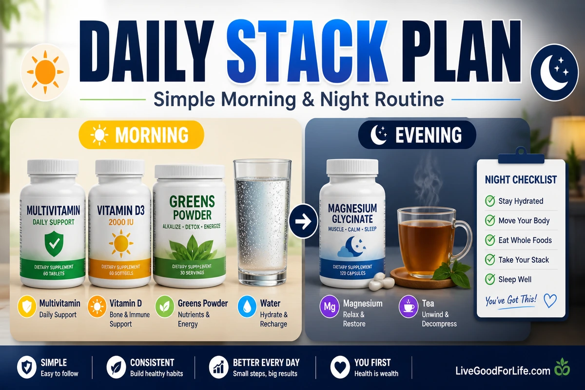 Daily supplement stack routine with organizer, water, and meal