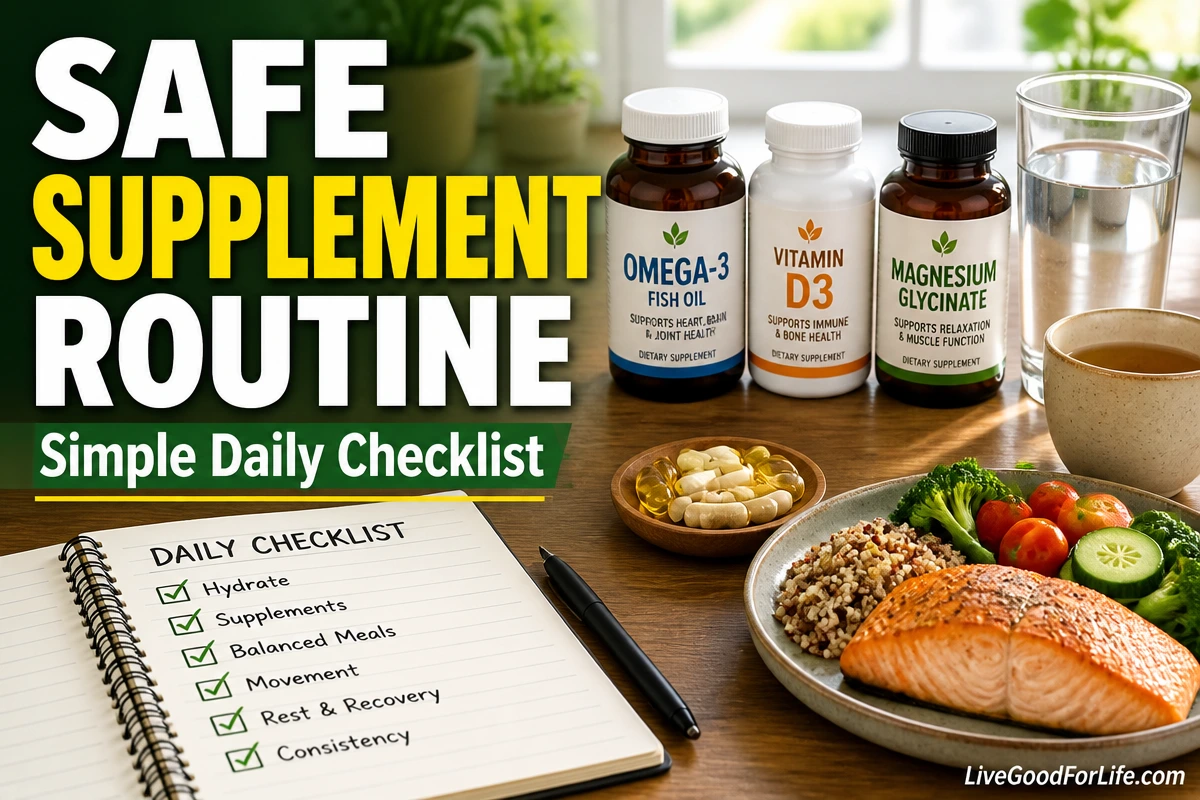Safe supplement routine checklist with vitamins, water, tea, and healthy meal