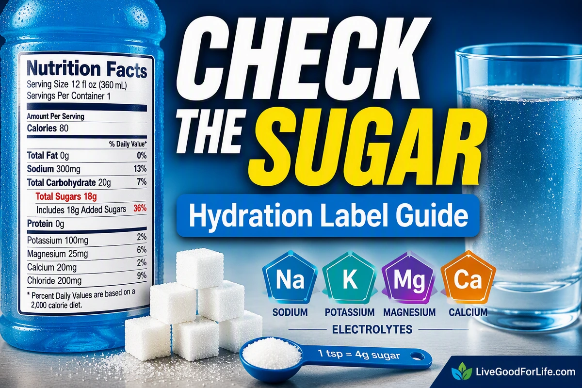 Sports drink sugar label check with hydration comparison