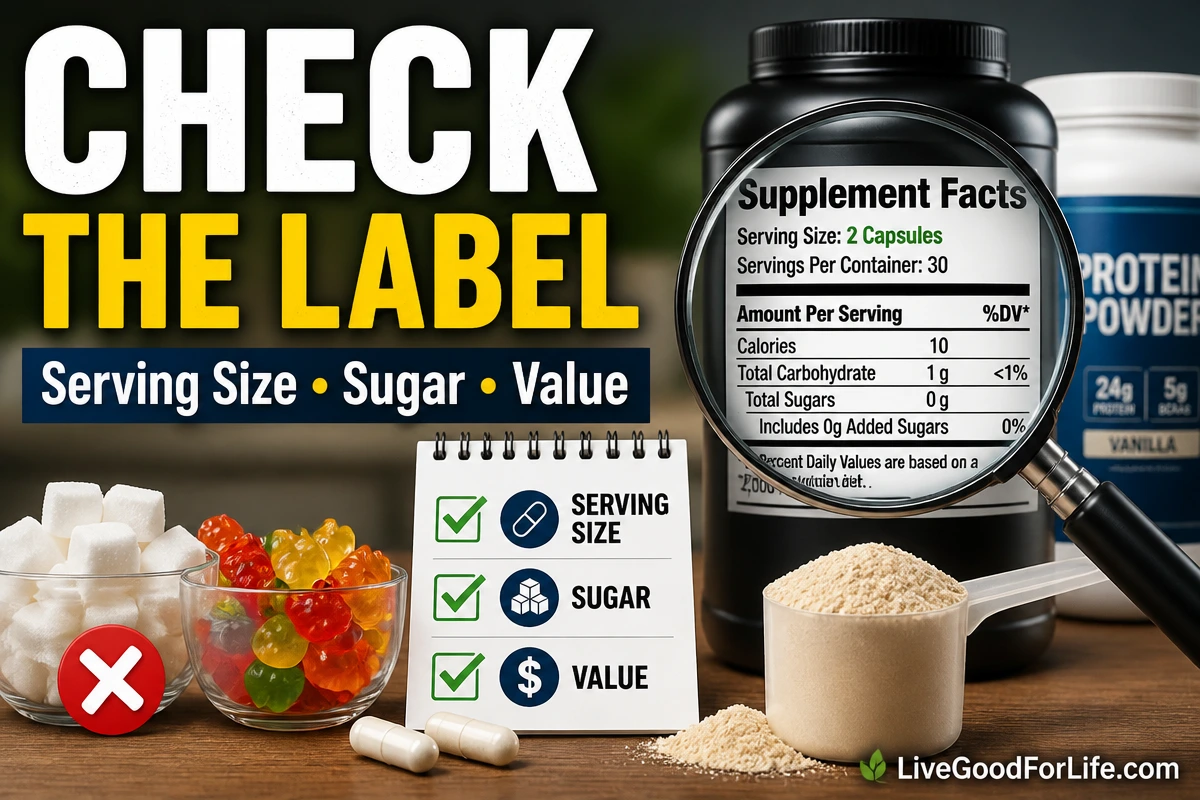 Supplement form label value check for capsules powders and gummies
