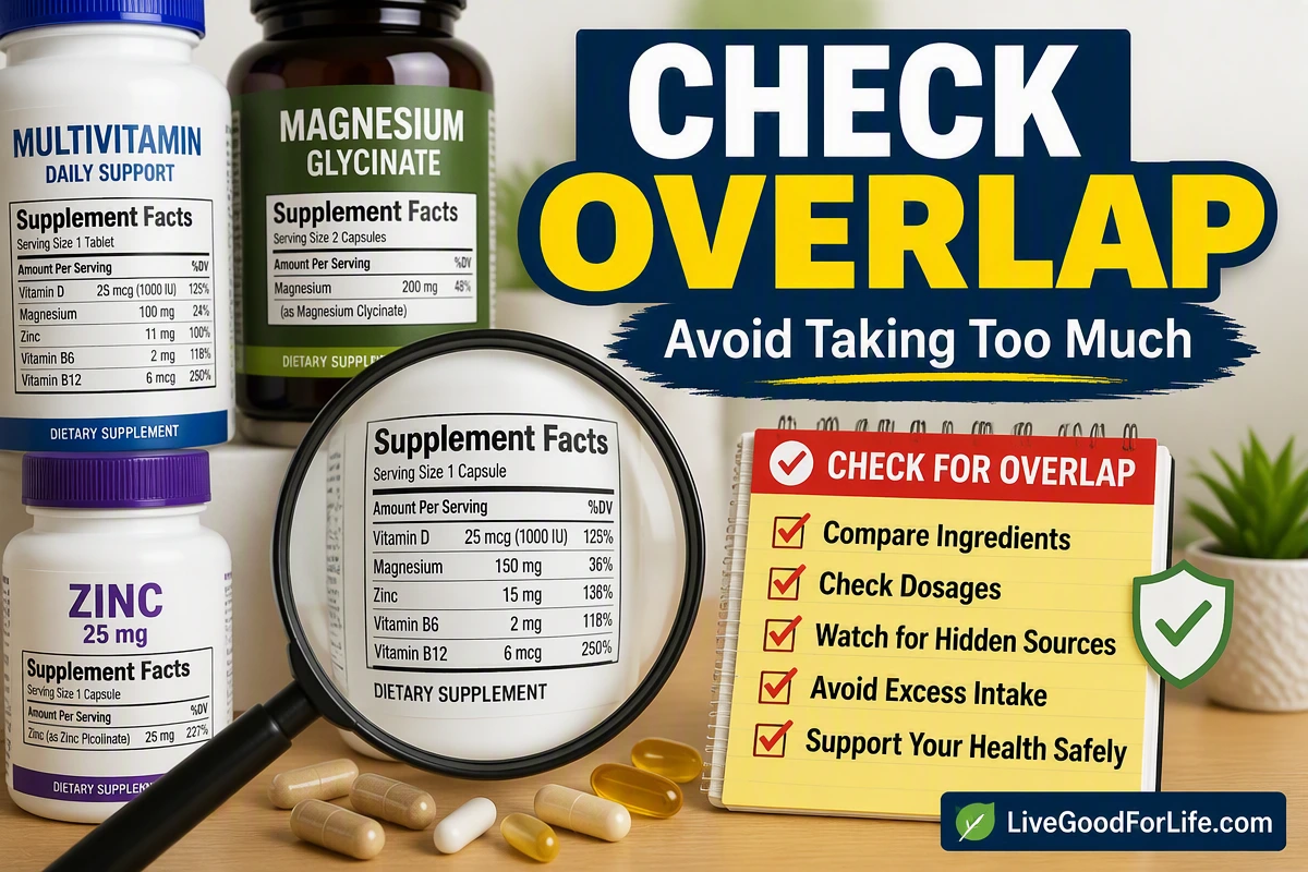 Supplement overlap warning with vitamin labels and safety checklist