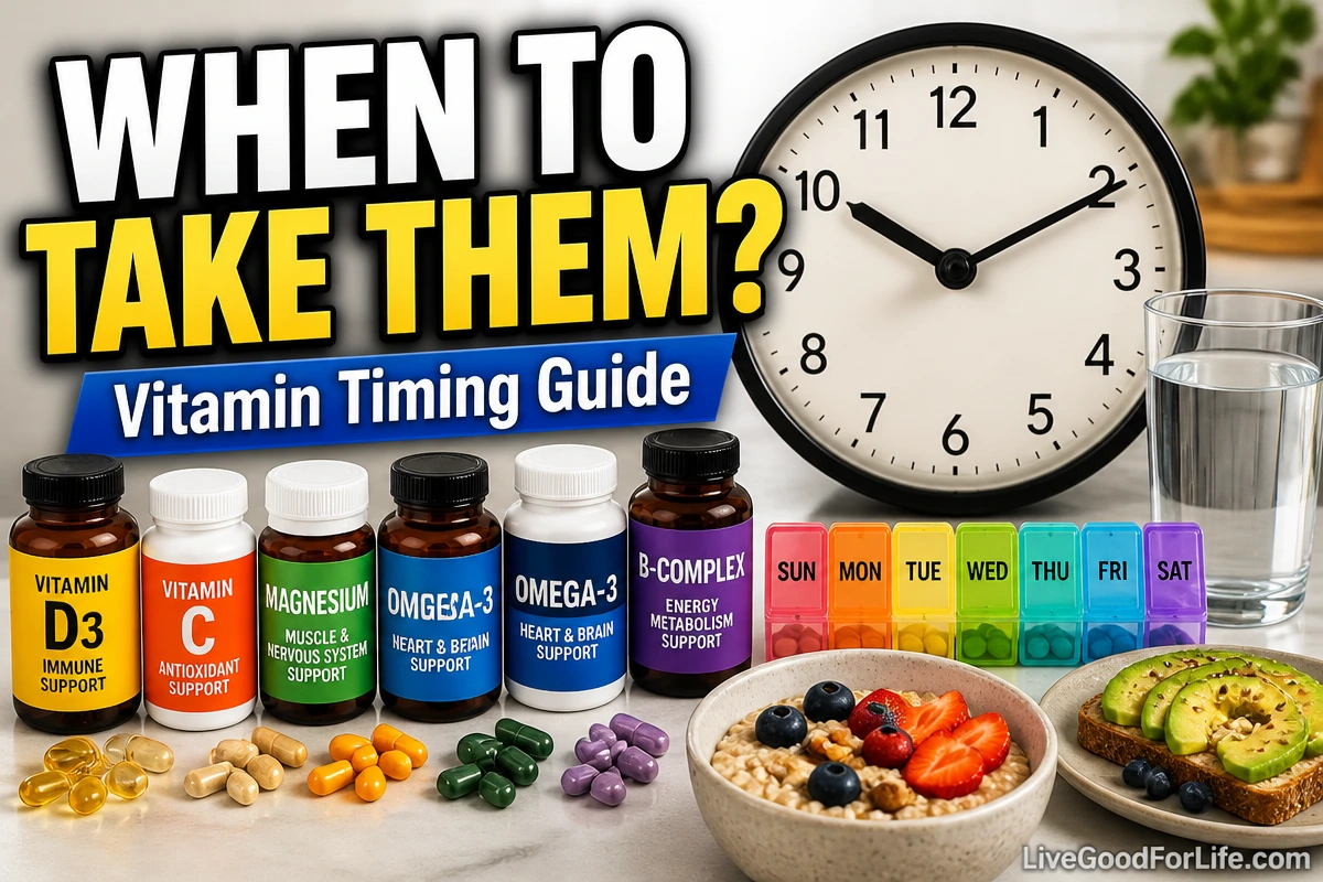 Supplement timing guide with pills, clock, organizer, and water